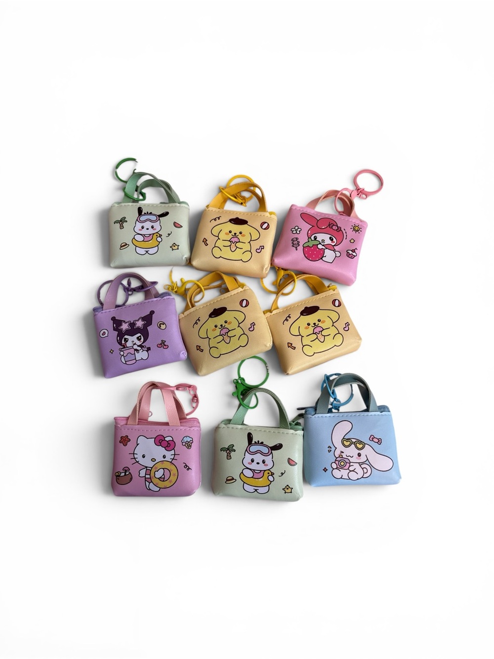 Sanrio Pastel Mini Tote Keychain Set - Pink Blue Green Yellow Purple Cream